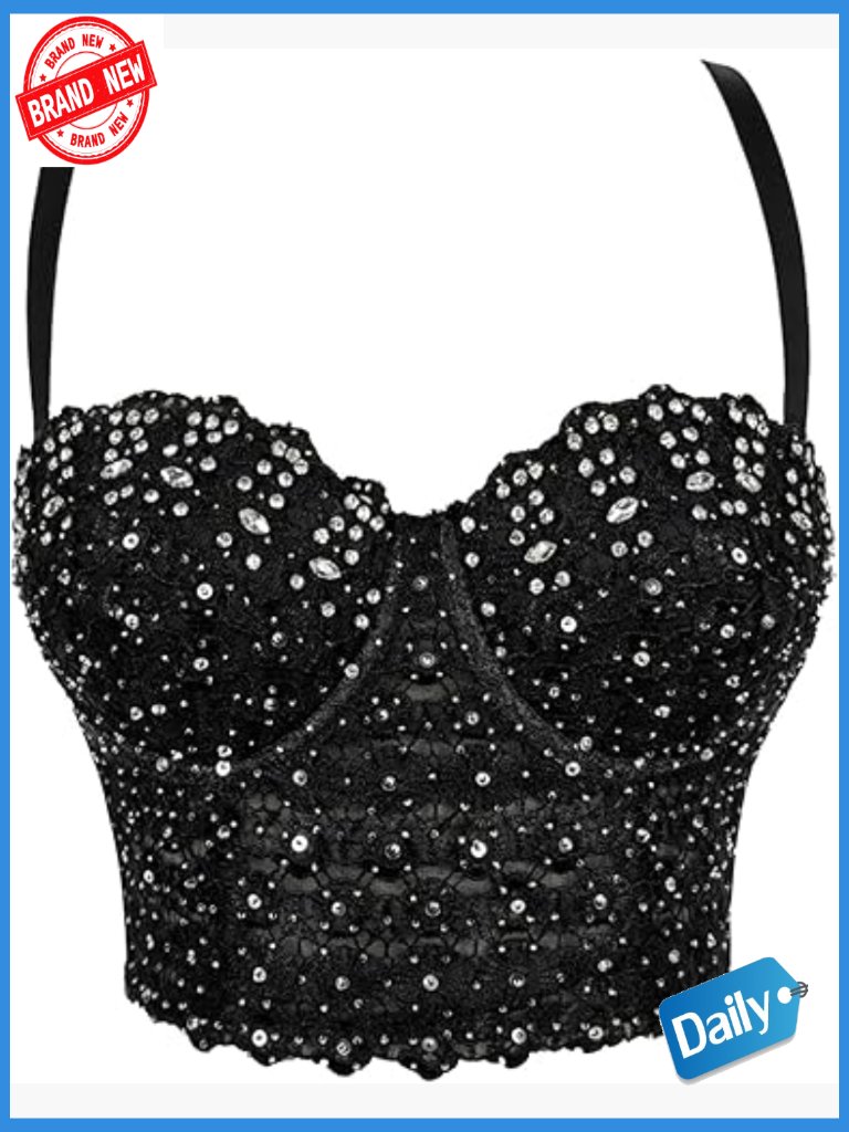 Mesh Rhinestone Bra Push Up Bustier Corset Crop Top Club Party Vest Detachable